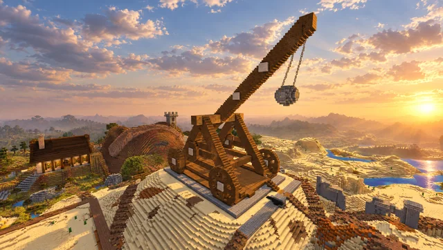 Shader-style render: A wooden trebuchet overlooking sandy terrain and water at golden hour.
