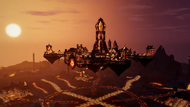 A glowing floating fortress above a volcanic landscape at sunset.